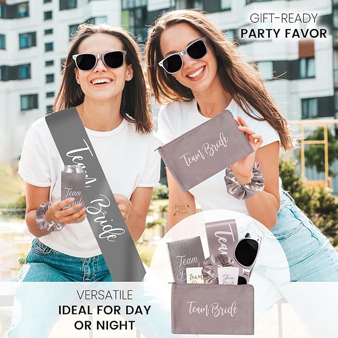 16 Piece Team Bride Bachelorette Party Favors Kit – Bridesmaid Proposal Gifts & Bachelorette Accessories | Decorations, Makeup Bags, Sashes, Sunglasses, Cups & More (Silver 2 Pack, 16)