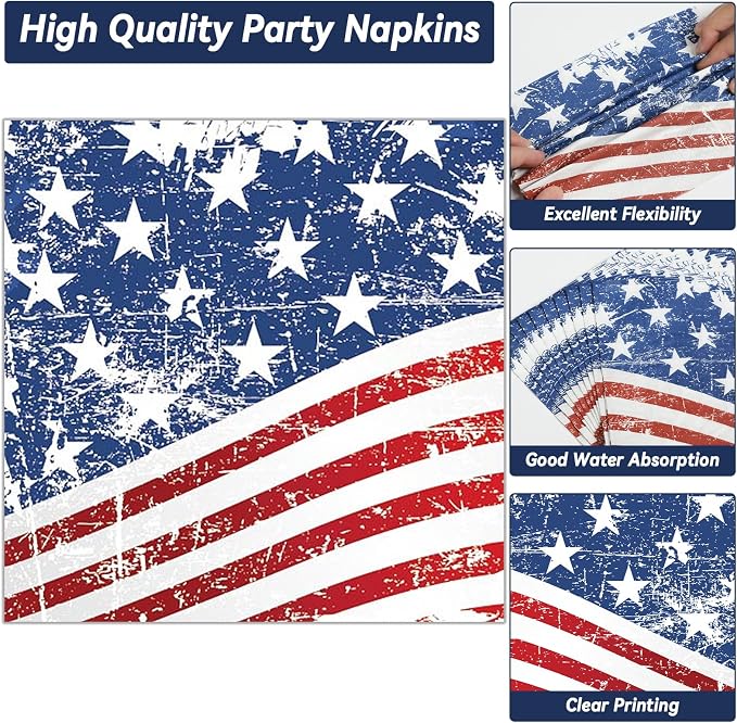 50 Guests 4th of July Paper Plates Napkins Forks American Flag Tableware Set Patriotic Birthday Party Supplies Independence Day Dinnerware Favors 250th Anniversary Party Decorations, 200PCS
