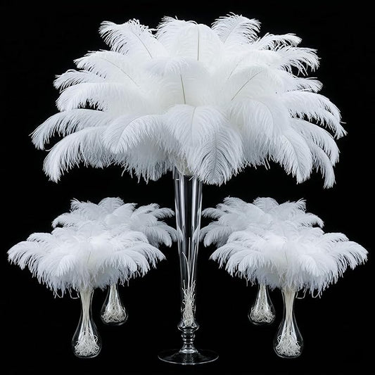 Lamar 201 Pcs White Ostrich Feathers 14-16'' 12-14'' 10-12'' 8-10'' Large Ostrich Feathers for Wedding Centerpieces, Bulk Feathers for Floral Arrangements, Event & Home Decor