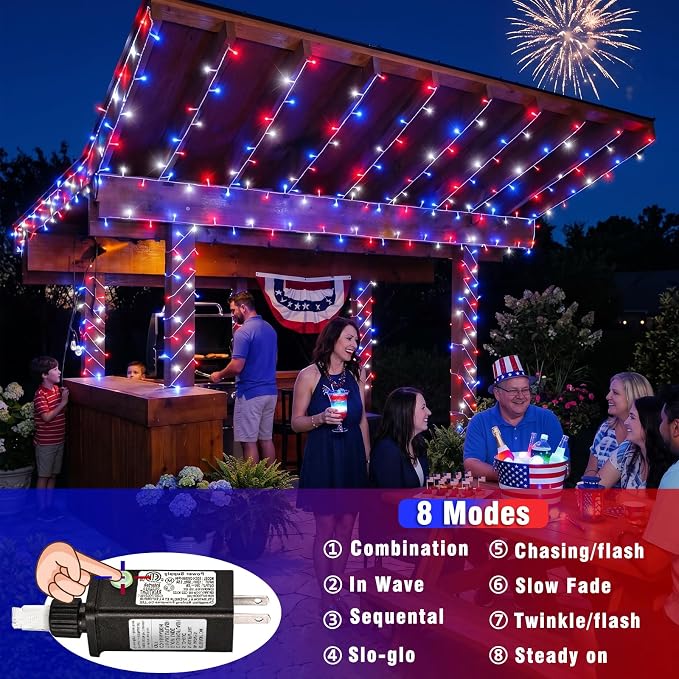 200 LED Red White and Blue Lights, Connectable 66Ft 4th of July Decorations String Lights Clear Wire, Waterproof Patriotic Light Plug in for Independence Day, Memorial Day Indoor Outdoor Decor