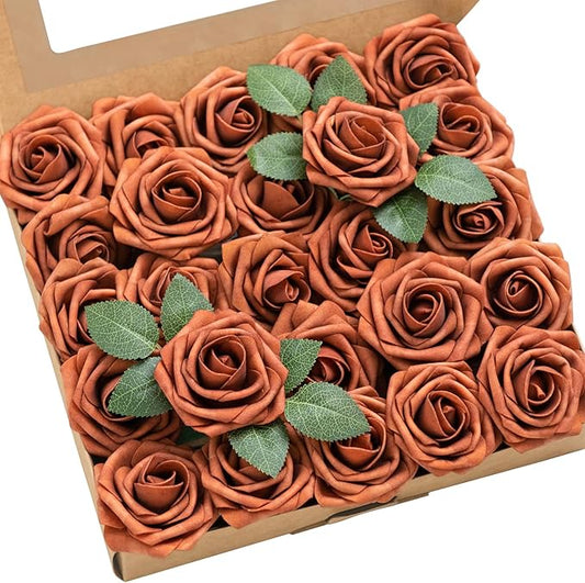 Ling's moment Fall Artificial Flowers 25Pcs Burnt Orange Roses Decor w/Stems,3" DIY Foam Floral for Wedding Bouquet/Centerpieces, Outdoors Party Backdrop, Room/Table, and Garden/Pot Decor