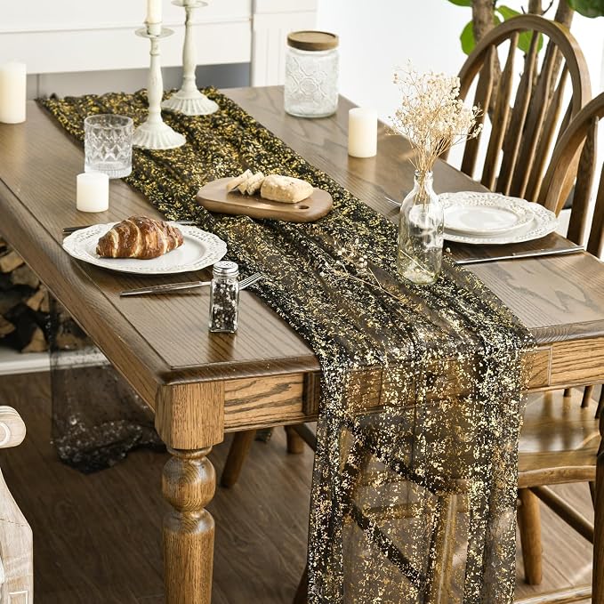 Artoid Mode 3Pcs Black Gold Gauze Table Runner 120 Inch 10FT, Glitter Metallic Foil Sheer Dining Wedding Anniversary Holiday Birthday Table Decor for Home Party