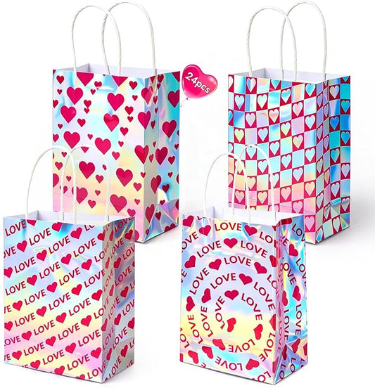 Shintop 24Pcs Iridescent Gift Bags with Handles, Small Holographic Mothers Day Goodie Bags Reusable Paper Party Favor Pouches Bulk for Valentine & Birthday Parties (8.3 x 5.9 x 3.1 in)