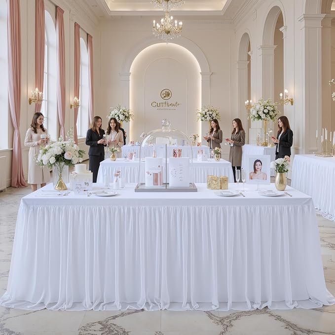 familus 8ft White Spandex Fitted Tablecloth with Tulle Table Skirt - 2-in-1 Structured Tutu Table Cover for Weddings, Trade Shows, Banquets & Sweetheart Tables