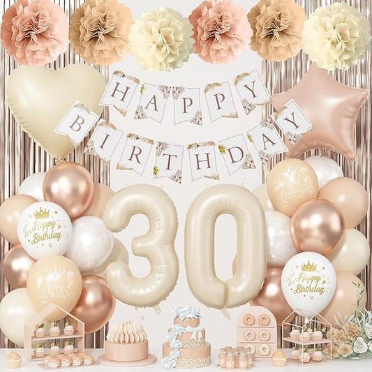 30th Beige Birthday Decorations for Her, Cream Foil Number 30 Heart Tan Star Balloons Boho White Gold Nude Balloons with Neutral Birthday Banner Fringe Curtain Paper Pompoms Women Party Decor Supplies