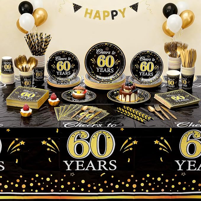 Funnymoom 452 Pcs 60th Anniversary Party Decorations, Cheers to 60 Years Paper Plates Napkins Cups Tablecloth Cutlery Straws Disposable Tableware Set for 60th Birthday Party Supplies for 50 Guests