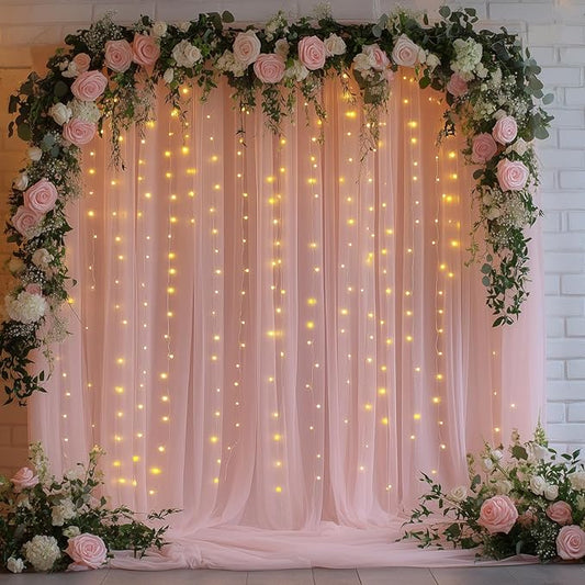 Pink Tulle Backdrop Curtain with Lights - 10x8ft Sheer Backdrop with 250 LEDs for Wedding, Baby Shower, Bridal Shower, Birthday Party Photo Shoot Background and Home Decorations