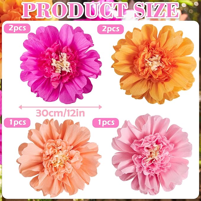 SUNBEAUTY 6PCS Hot Pink and Orange Paper Flowers 12 Inch Large Tissue Paper Flowers Decorations for Wall Giant Crepe Paper Flowers for Girl Women Birthday Office Classroom Bridal Wedding Backdrop
