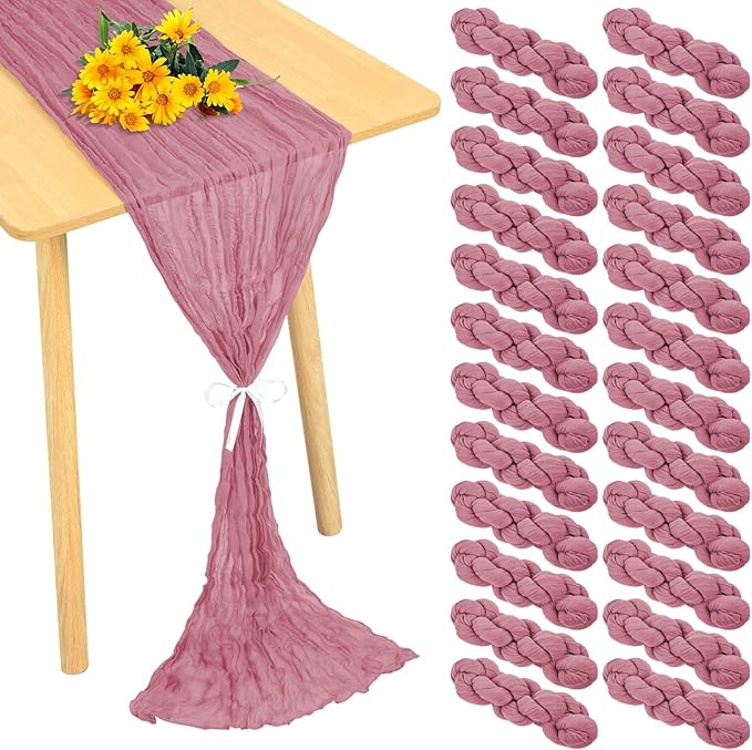 24 Pack Cheesecloth Table Runner 20 x 120 inch Cheese Cloth Table Runner Bulk,Romantic Boho Sheer Gauze Fabric Table Runners for Wedding Reception,Party,Bridal Shower Table Decor(Dusty Rose)