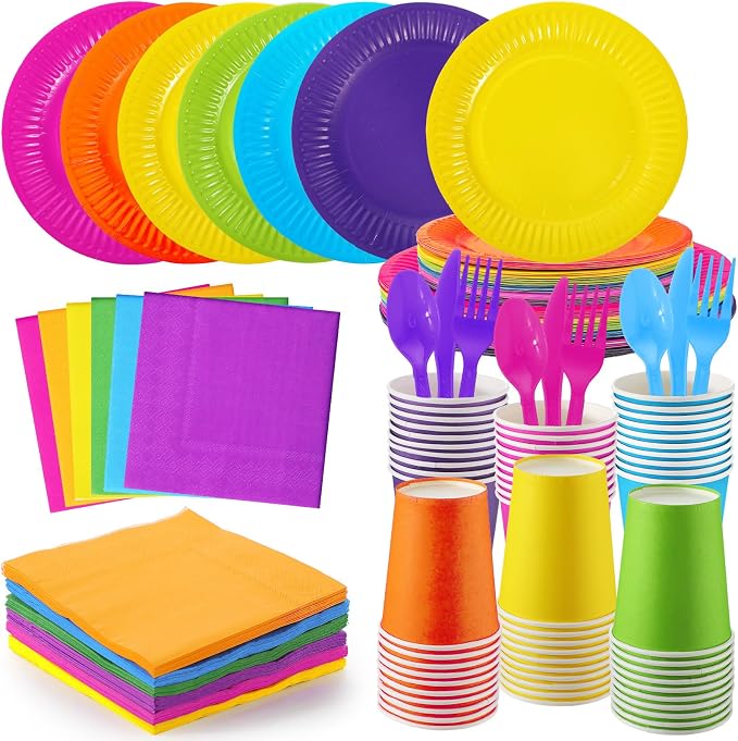 Ziliny 420 Pcs Rainbow Neon Party Supplies Paper Plates and Napkins 9 oz Paper Cups Forks Knives Spoons Disposable Tableware for Rainbow Birthday Party Supplies, Serves 60(Rose Red, Purple, Yellow)