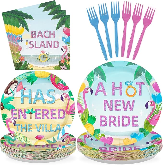 96Pcs Bach Island Bachelorette Party Supplies A Hot New Bride Plates and Napkins Tropical Island Theme Tableware Set for Love Theme Bridal Shower Bachelorette Party Decorations Serves 24
