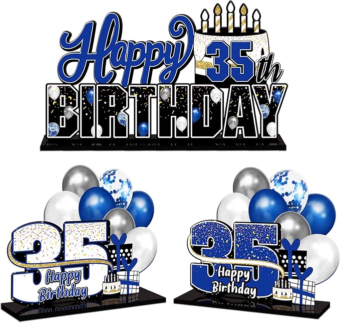 LINGTEER Happy 35th Birthday Blue Acrylic Table Topper Centerpieces Set - Cheers to 35 Years Old Birthday 35th Bday Party Gift Decorations.