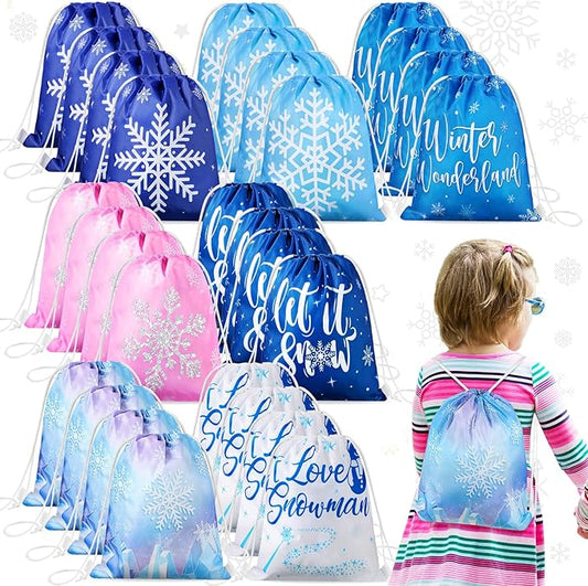 CHENGU Winter Snowflake Party Favors Bags Bulk Frozen Party Gift Bags for Winter Kids Birthday Favor Drawstring Goodies Bag Wonderland Gift for Candy Boys Girls Themed Baby Shower Supplies(14 Pack)