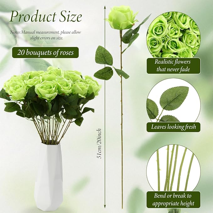 Hotop 20 Pcs Artificial Rose Flowers with Long Stem, Real Lifelike Silk Realistic Plastic Bouquet Roses Bulk for Home Decor Bridal Wedding Party Table Centerpieces Decorations(Green)