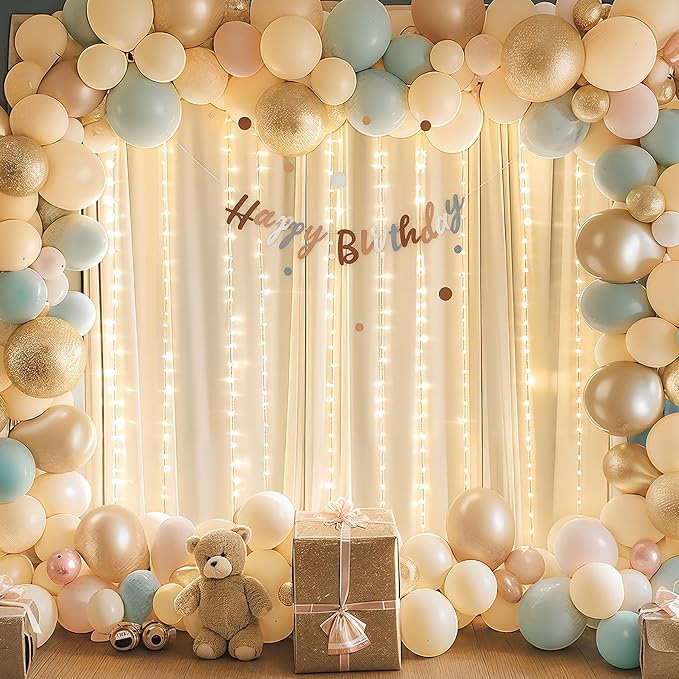 10x10ft Champagne Backdrop Curtains with Lights Photo Drapes Wrinkle Free Fabric Backdrop Curtain for Wedding Birthday Party Baby Shower Shoot Bridal Shower Home Party Background Decorations