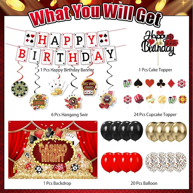 Casino Birthday Decorations - Casino Theme Birthday Backdrop, Banner, Hanging Swir, Latex & Foil Balloons, Cake & Cupcake Toppers for Poker Party Decorations