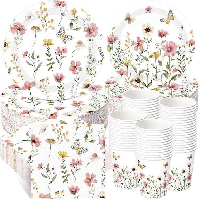 Ziliny 250 Pcs Wildflower Party Decorations Include Spring Summer Floral Paper Plates Napkins and Cups for Wildflower Baby Shower Tea Decorations, Serve 50 Guest (Boho, Pink Flower Style)