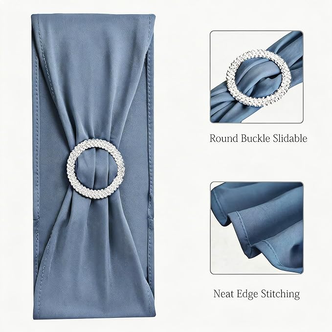 100 PCS Spandex Dusty Blue Chair Sashes Stretch Chair Bands with Buckles Slider Chairs Bows for Wedding Party Birthday Bridal Shower Engagement Banquet Anniversary Christmas Event Decor