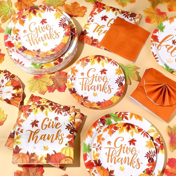 Funnymoom 200 Pcs Fall Thanksgiving Tableware Give Thanks Hello Fall Pumpkins Disposable Paper Dinner Dessert Plates Maple Leaves Napkins for Autumn Harvest Decor Birthday Holiday Party 50 Guests