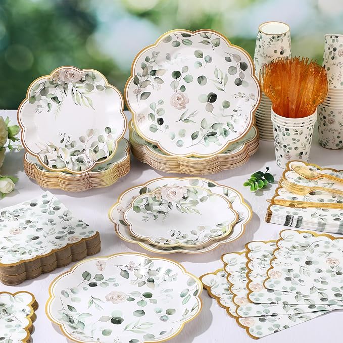 400 Pcs Sage Green Color Party Supplies Serve 50 Guests Eucalyptus Flowers Disposable Paper Plates Napkins and Cups for Bridal Baby Shower Birthday Wedding Party Decorations(Vivid)