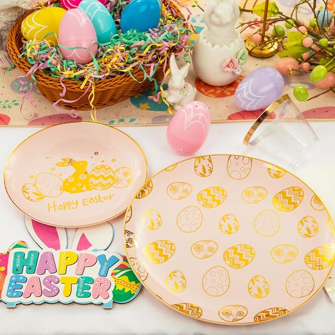GATHER 175Pcs Easter Plastic Plates - Pink Plastic Dinnerware Set with Gold Bunny Includes 25 Dinner Plate and 25 Dessert Plate, 75 Silverware, 25 Cups, 25 Napkins for Easter Party
