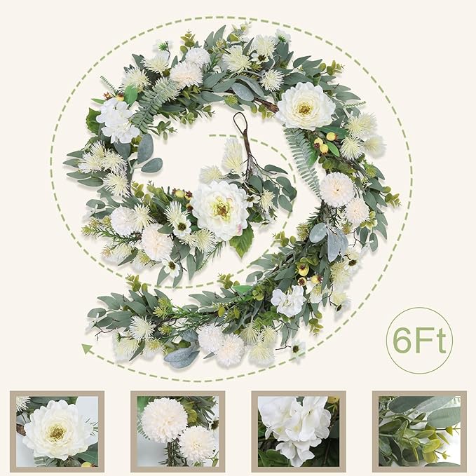Spring Garland 6FT Hydrangea Flower Garland Faux Greenery Leaf Vine Garlands for Decoration for Spring Indoor Outdoor Garden Farmhouse Porch Wall Wedding Room Home Decor (White)