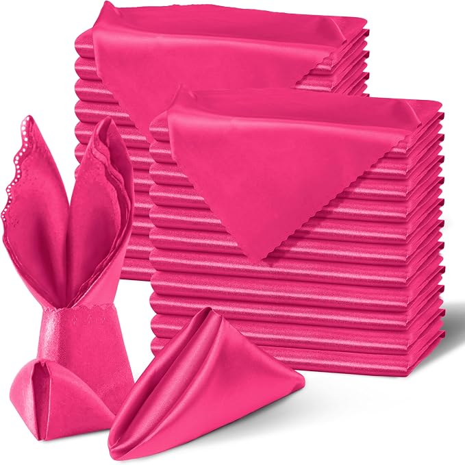 Homiest Hot Pink Satin Napkins - 100 Pack, 17x17 Inches, Scalloped Square Napkins for Weddings, Restaurants, Parties