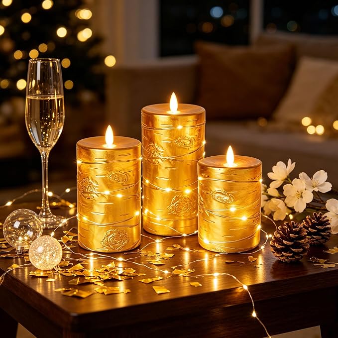 Da by 3 Pack Gold Wax Flameless Taper Candles, Realistic Flickering LED Candles with Surrounding Fairy String Lights, Soft Warm Light Battery Candles with Remote for Indoor Outdoor Decor
