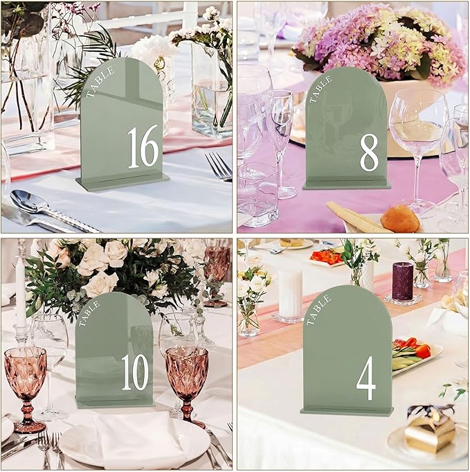 AceOrbit Sage Green Wedding Table Numbers 1-20 with Stands 5" x 7" Green Acrylic Wedding Signs with Holder Elegant Arch Numbered Signage Tabletop Reception Sign for Anniversary, Banquet, Event Decor