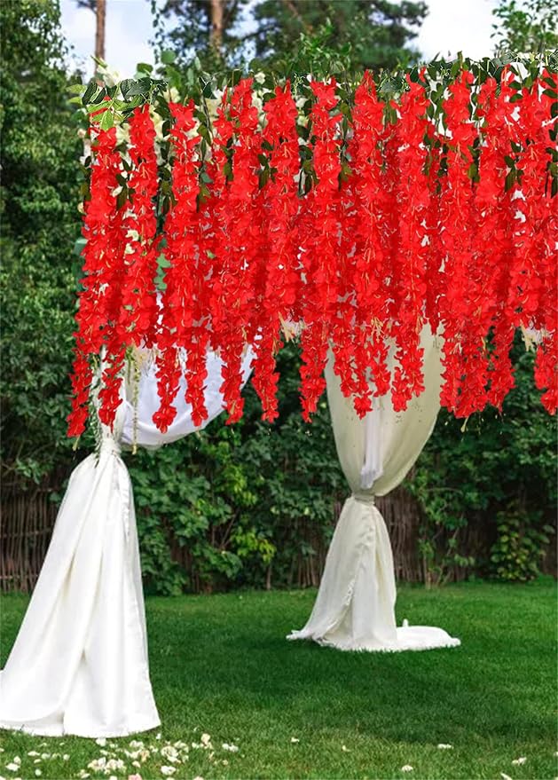 24pcs Wisteria Hanging Flowers,3.6 FT Fake Wisteria,Artificial Wisteria Hanging Flowers Wisteria Garland Arch Silk String for Wedding Garden Party Outdoor Home Wall Decoration (24pcs red)