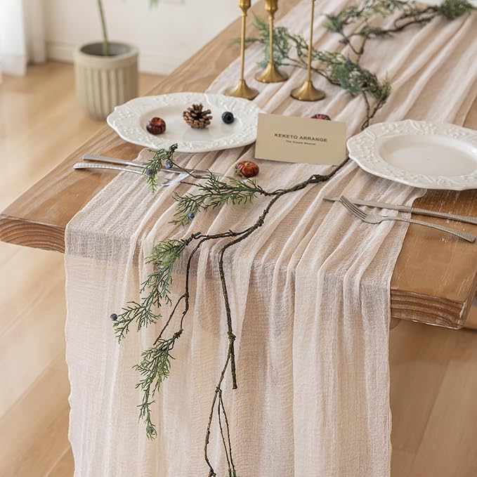 Keketoarrange 6pcs Beige Cheesecloth Table Runner Gauze Rustic 120 Inch 10 FT for Wedding Baby Shower Bridal Shower Birthday Engagement Garden Party Long Sheer Boho Spring Home Decorations
