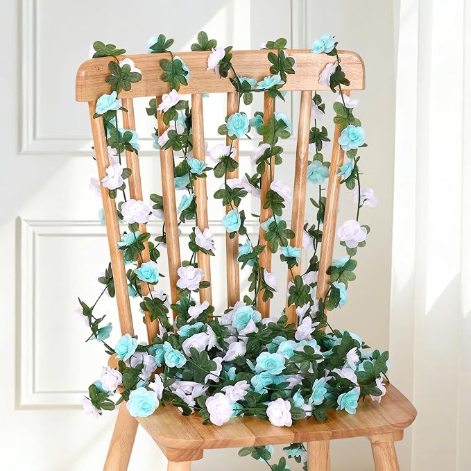 KHOYIME 9 Pack 72 FT Artificial Flower Garland, Fake Blue White Roses Vines Silk Flowers Faux Plastic Outdoor Hanging Floral Ivy Garland Decoration for Wedding Arch Bedroom Home Wall Backdrop Decor