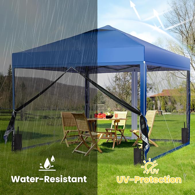 GDY 10x10 Pop up Canopy Tent with Mosquito Netting, Easy up Gazebo for Patio, Camping and Garden, Includes 4 Sandbags, Blue