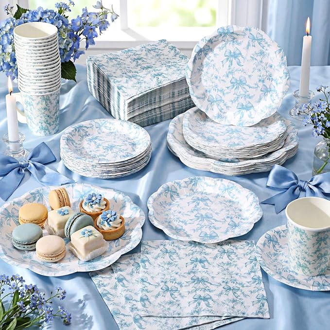 Pickmesh 252 Pcs Blue Bow Floral Tea Party Supplies for 36 Guests Flower Paper Disposable Dinnerware Flower Teacup with Handle and Saucers Set for Tea Party Decorations Birthday Baby Shower Wedding