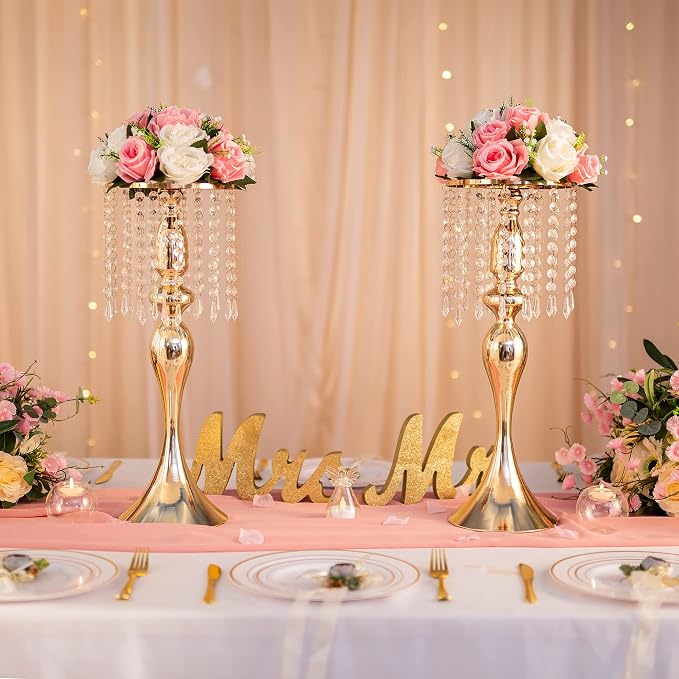Gold Vase Stand Table: 21.3in Wedding Centerpieces, Set of 2 | High End Crystal Design Vase Stand for Wedding Party Reception Birthday Event Home, Tall Table Center Piece