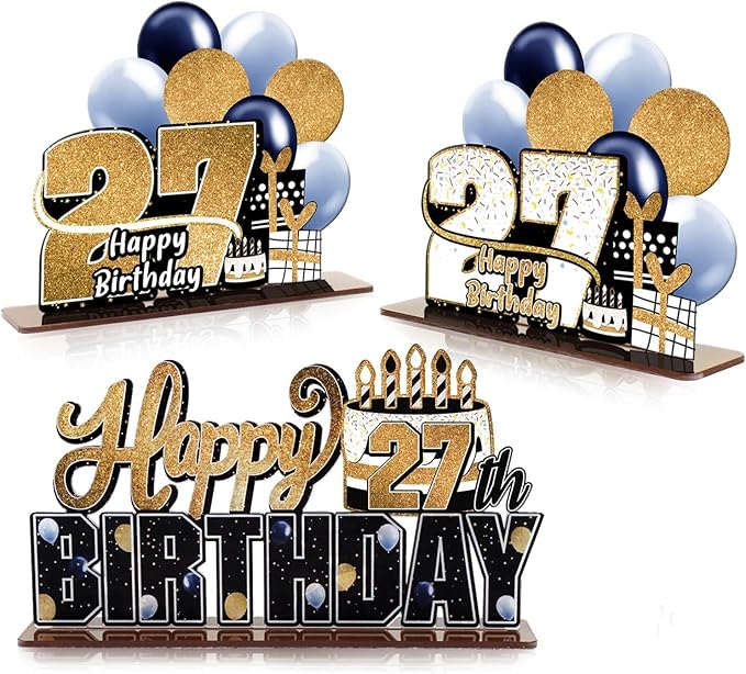 LINGTEER Happy 27th Birthday Gold Acrylic Table Topper Centerpieces Set - Cheers to 27 Years Old Birthday 27th Bday Party Gift Decorations.
