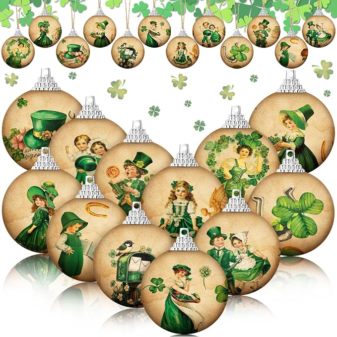 Outus 16 Pcs Vintage St. Patrick's Day Tree Ornaments Ball St. Patrick's Day Decorations for Tree Vintage Style Shamrock Luck Irish Hanging Ornaments Farmhouse Home Decoration Holiday Party Favors
