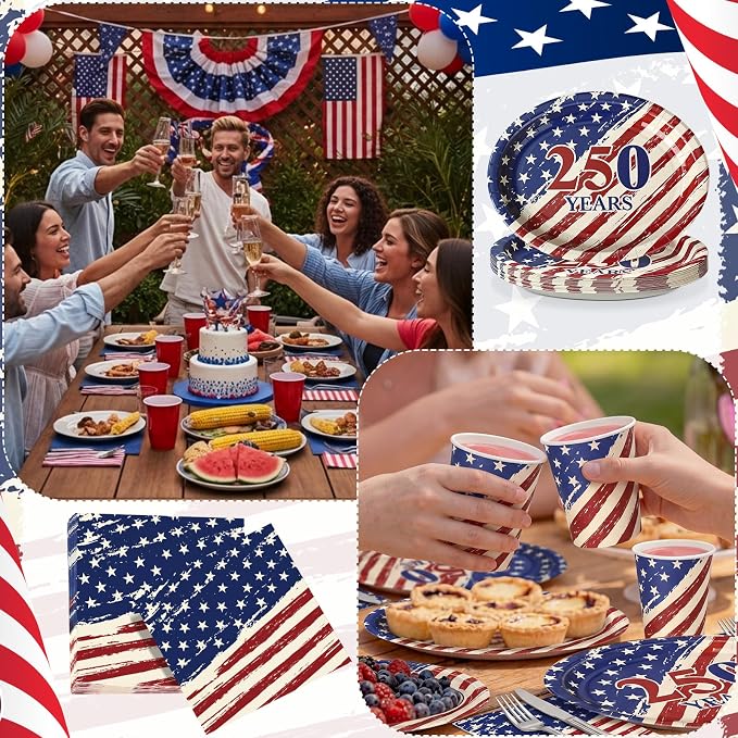 Vesici 150 Pcs 250th Anniversary Oval Paper Plates and Napkins Set 10'' x 12'' Large USA 4th of July Tableware Patriotic Disposable Paper Plate Cup Napkin Independence Memorial Day Party Supply