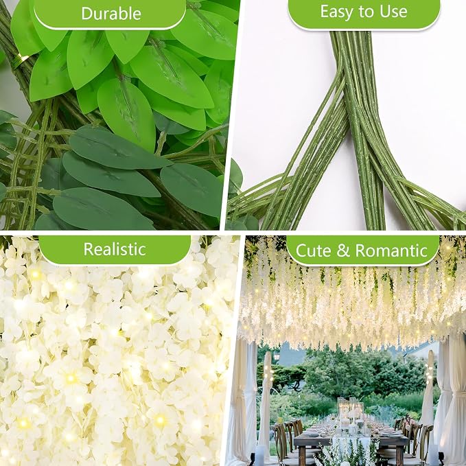 12Pcs Artificial Wisteria Hanging Flowers with Lights, 3.6Ft/Pcs White Fake Wisteria Garland for Wedding Party Home Garden Indoor Outdoor Decoration