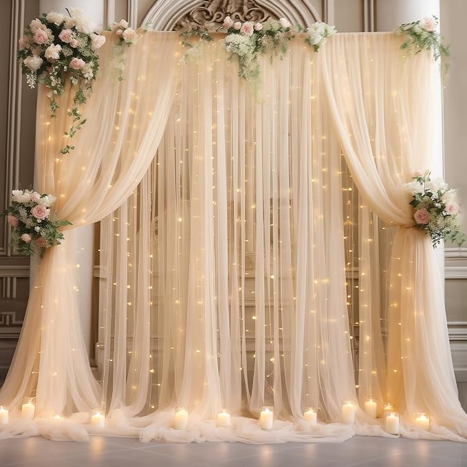 20x10ft Champagne Tulle Backdrop Curtain with Lights String for Parites, Sheer Photo Backdrop Curtains with Lights for Wedding Backdrop Ceremony Reception Bridal Shower Baby Shower Birthday Party