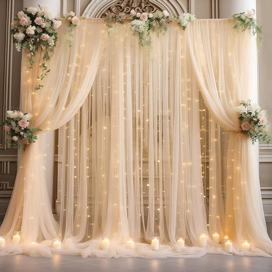20x10ft Champagne Tulle Backdrop Curtain with Lights String for Parites, Sheer Photo Backdrop Curtains with Lights for Wedding Backdrop Ceremony Reception Bridal Shower Baby Shower Birthday Party