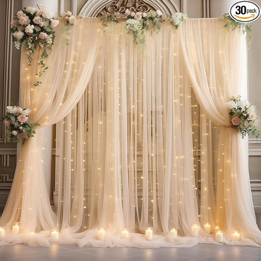 30x8ft Champagne Tulle Backdrop Curtain with Lights String for Parites, Sheer Photo Backdrop Curtains with Lights for Wedding Backdrop Ceremony Reception Bridal Shower Baby Shower Birthday Party