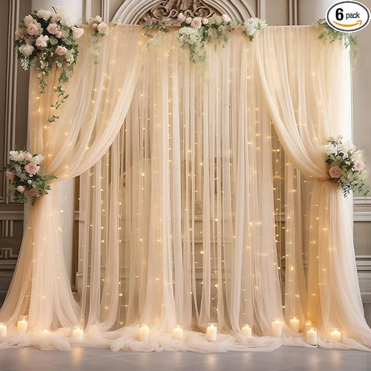 30x10ft Champagne Tulle Backdrop Curtain with Lights String for Parites, Sheer Photo Backdrop Curtains with Lights for Wedding Backdrop Ceremony Reception Bridal Shower Baby Shower Birthday Party