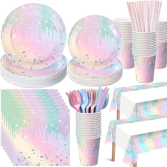 Funnymoom 452 Pcs Iridescent Diamond Birthday Party Decorations for 50 Guests, Glitter Pastel Rainbow Paper Plates and Napkins Cups Tablecloth Cutlery Straws for Women Birthday Baby Shower Supplies