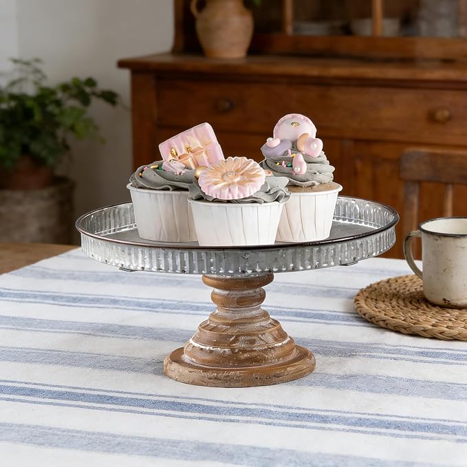 SOFE Rustic Galvanized Metal Cake Stand, Cupcake Stand Rustic Round Dessert, Appetizer Display Riser Stand with Wood Base Table Centerpiece for Wedding, Birthday, Party, Dining Room Kitchen Supplies