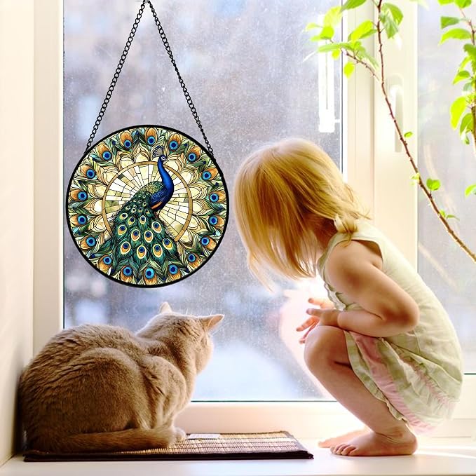 DASTOLL Stained Glass Window Hanging - Retro Peacock Decoration Suncatcher for Door Garden Home Bird Feather Sun Catchers Christmas Mother's Day Birthday Gifts for Women Men Mom Nana Friend 9.8 in