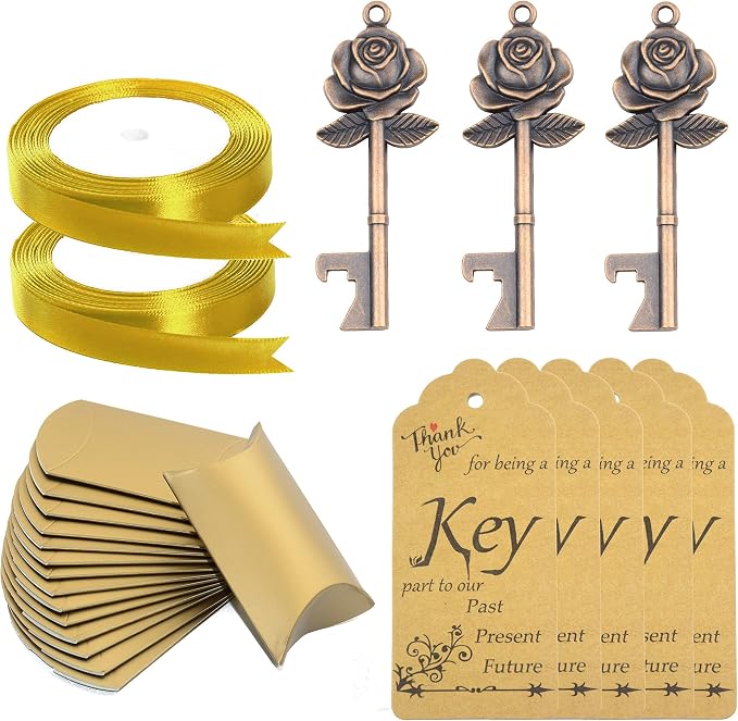 Makhry 50 Set Skeleton Rose Key Bottle Openers with Candy Box In Antique Vintage Style Escort Tags French Ribbon As A Gift Souvenir At Wedding Party Supplies (Copper)