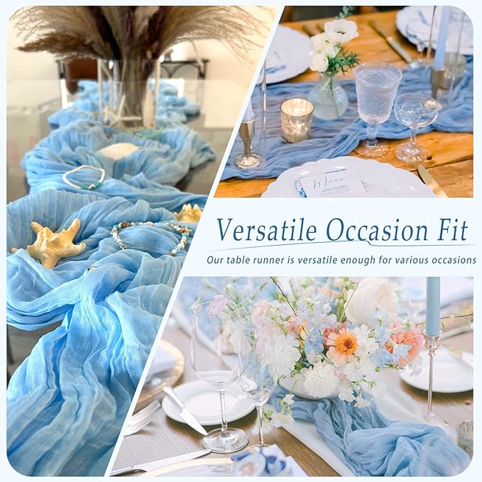 10 Pack Light Blue Cheesecloth Table Runner 17x108 Inch Semi Sheer Boho Rustic Gauze Cheese Cloth Table Runners for Wedding Party Birthday Baby Shower Home Décor