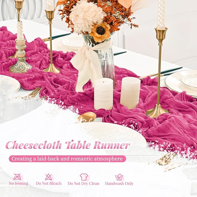 Pesonlook 12 Pack Hot Pink Rustic Boho Cheesecloth Table Runner, 10FT Long Semi Sheer, 21.5" W x 120" L, Polyester, Solid, Wedding/Birthday/Bridal Shower/Party Decorations