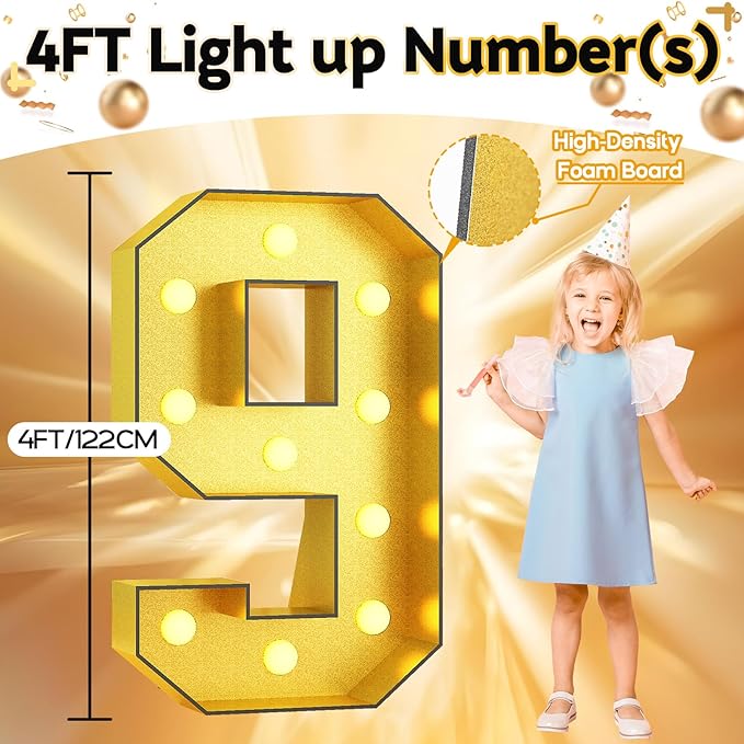 4FT Light Up Numbers 9, Glitter Gold Large Light Up Number 9 Frame Marquee Mosaic Numbers for 9th Birthday, Giant Number 4 Feet Tall DIY Frame Pre-Cut Foam Board Kit for Graduation Anniversary